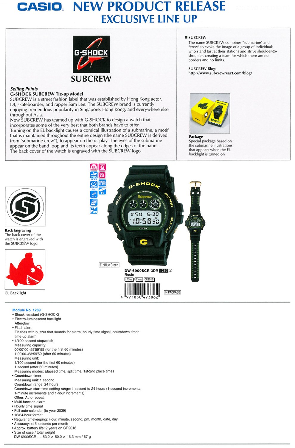 Watch, G-SHOCK, SUBCREW, Tie-up Model, Sam Lee, Hong Kong actor, DJ, skateboarder, rapper, Asia, Sharkmarine, DW-6900SCR-3