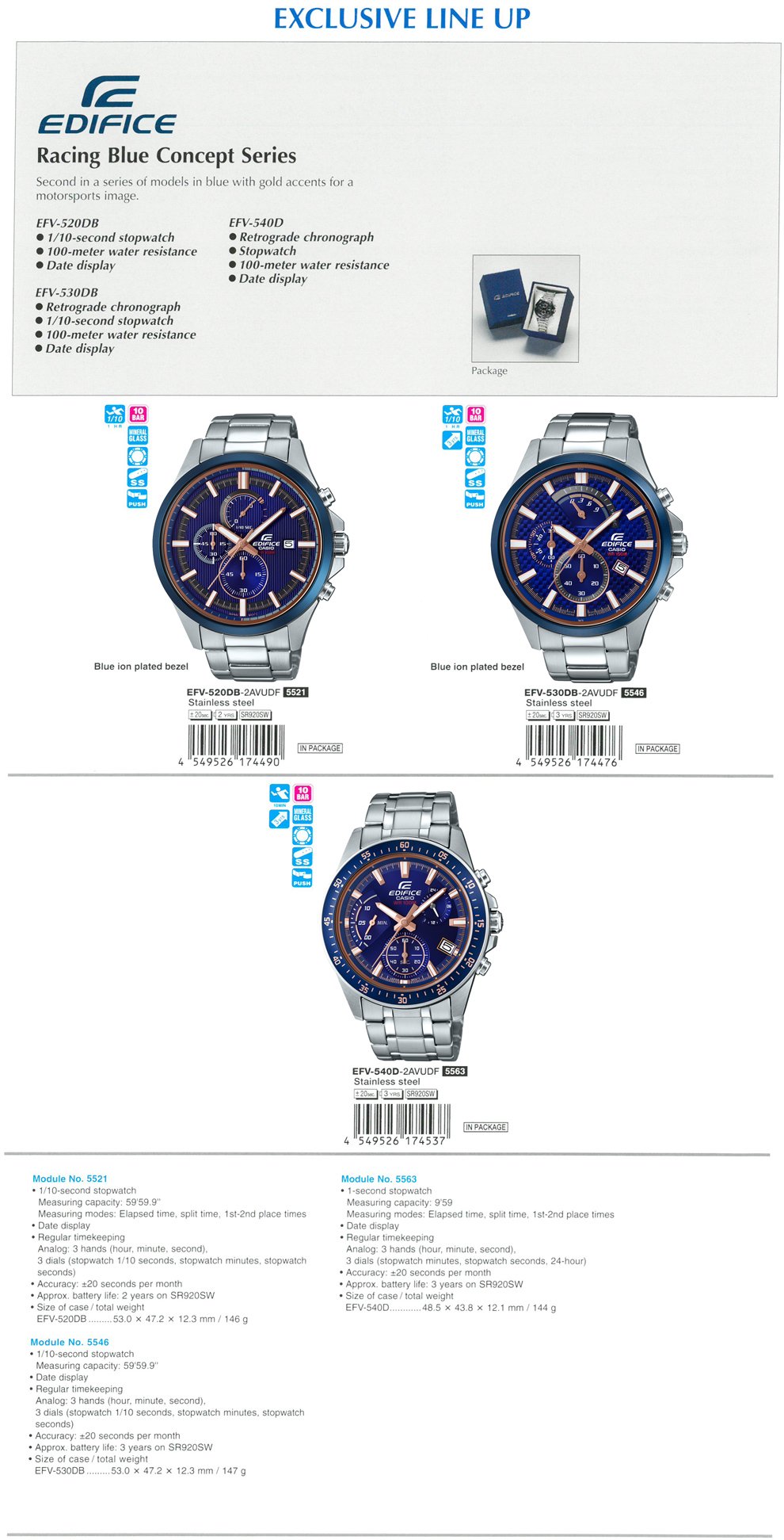 EDIFICE, Racing Blue Concept Series, motorsports, Retrograde chronograph, Blue ion-plated bezel, EFV-520DB-2AV, EFV-530DB-3AV, EFV-540D-2AV