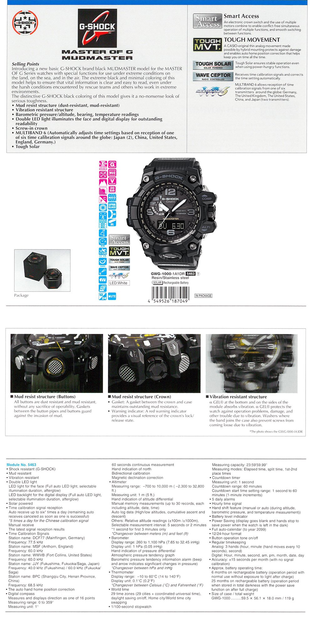 G-SHOCK, MUDMASTER, Vibration resistant,barometric pressure, double LED, multiband6, tough solar, GWG-1000-1A1