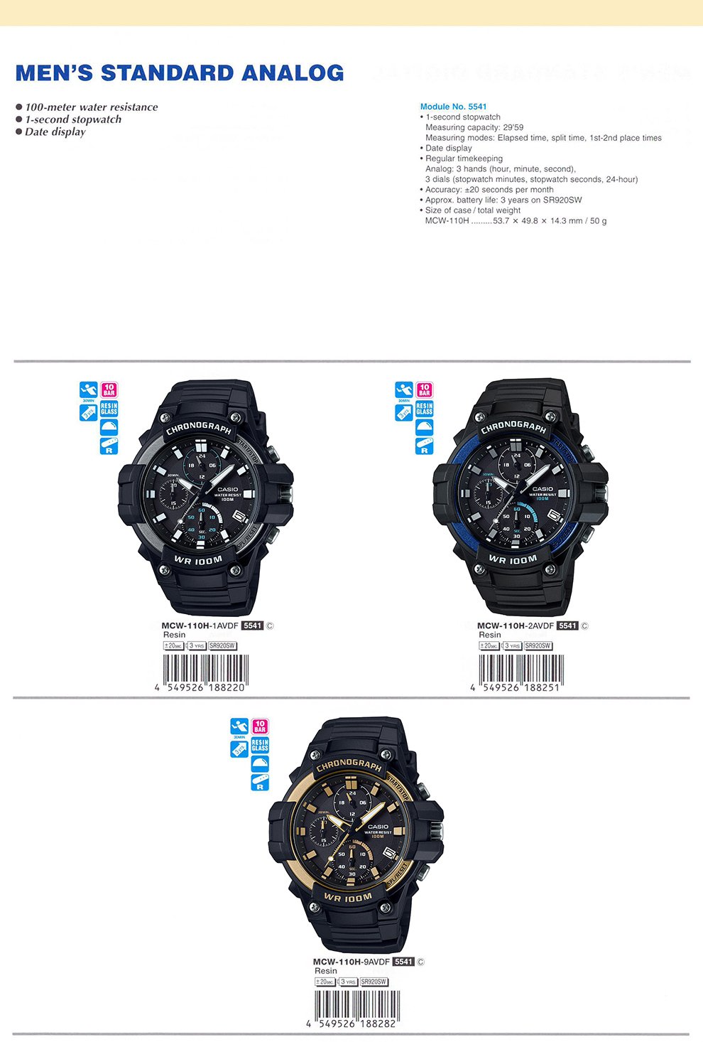 Standard Analog, Men, 100-meter water resistance, 1-second stopwatch, date display, MCW-110H-1AV, MCW-110H-2AV, MCW-110H-9AV