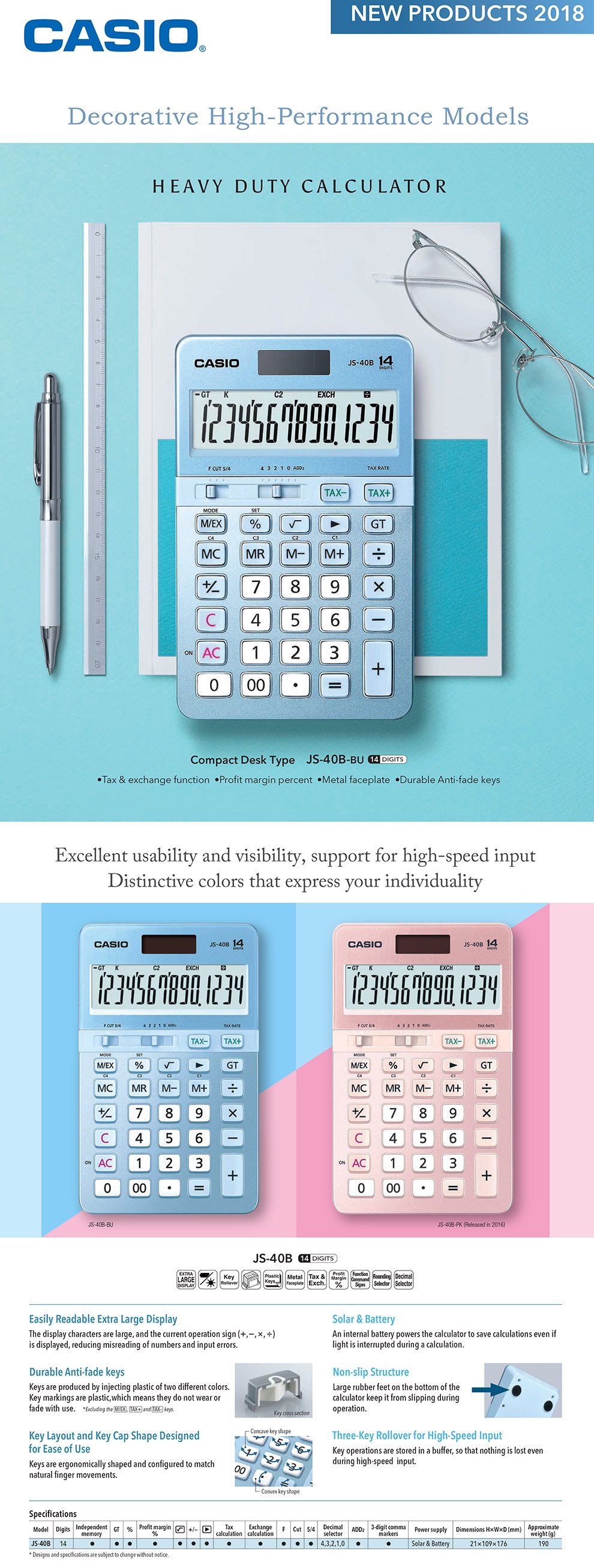 Calculator, Heavy Duty, Solar, Compact, Desk, Tax, Exhange, profitMargin, Metal faceplate, Durable, anti-fade, JS-40B-PK, JS-40B-BU